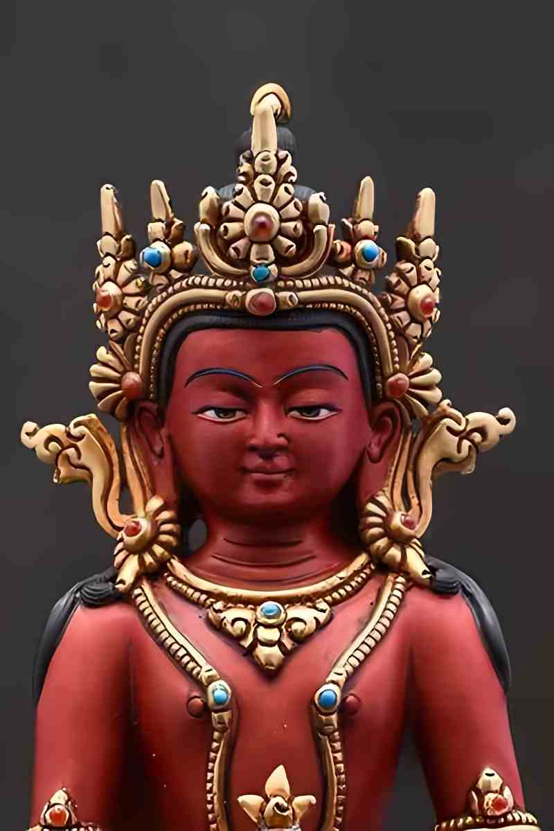 Tibetan Buddhist Tsepagme Longevity Buddha statue, handmade in gilt brass with detailed Buddhist art decoration.