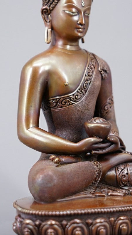 A beautiful copper Amitabha Buddha statue in Tibetan Buddhist style, hand-painted with vibrant mineral pigments to bring peace and light into your home. 