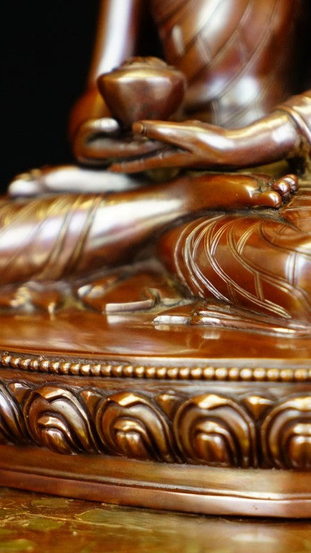  Exquisite handcrafted copper Amitabha Buddha statue, designed with intricate mineral painting. A timeless piece of Tibetan Buddhist art for your home." 