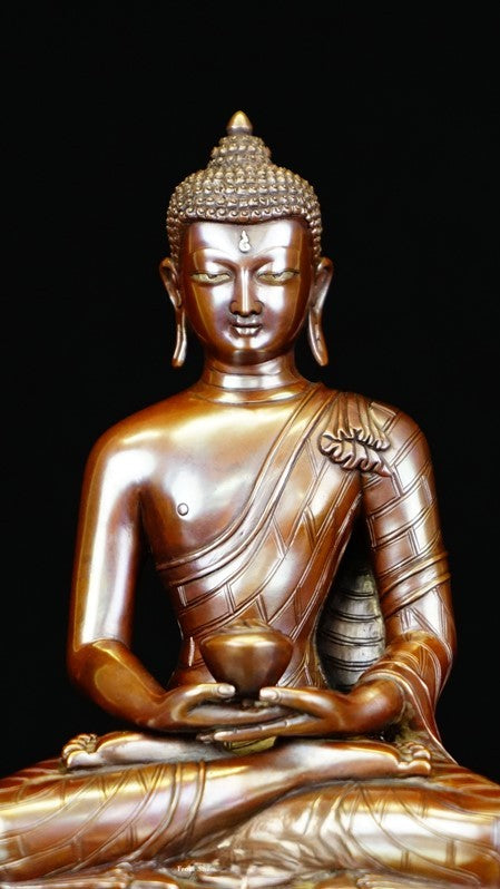 "Handcrafted Tibetan Buddhist Amitabha Buddha statue in copper with intricate mineral paint details. A perfect spiritual addition to your home or shrine." 