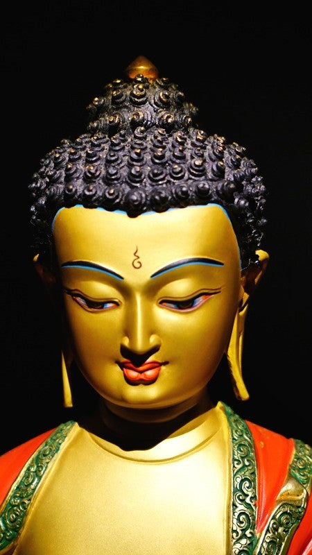  "Mineral-painted Tibetan Buddhist Amitabha Buddha statue, beautifully gilded to enhance the representation of infinite wisdom and compassion." 