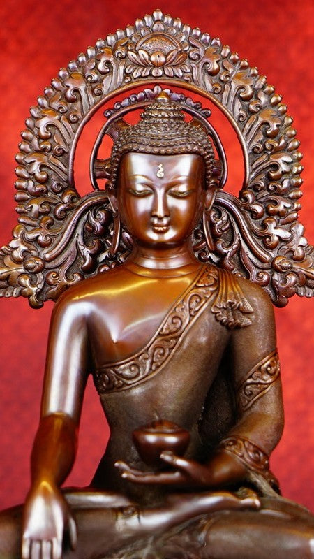 "Copper Amitabha Buddha statue in Tibetan Buddhist style, handcrafted with mineral paints. A perfect piece for creating a calming and spiritual atmosphere." 