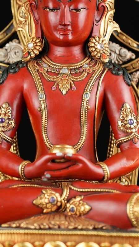 "Gilded Tibetan Buddhist Amithaba Three Buddha Statue, hand-painted with mineral pigments. Symbolizing the eternal compassion of the three Amithaba Buddhas in Tibetan Buddhism." 