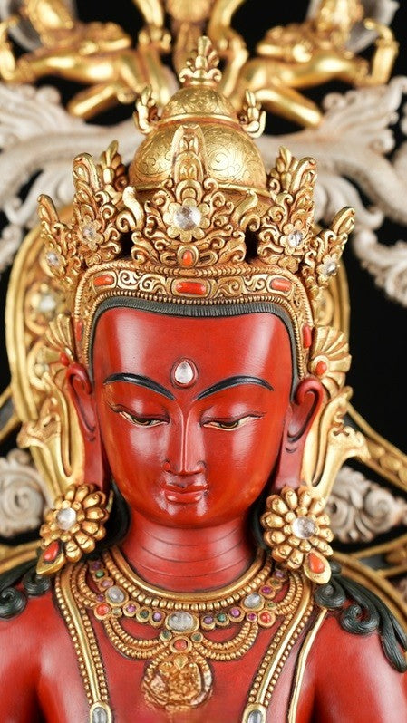 "Hand-painted Tibetan Buddhist Amithaba Trio Buddha Statues, finely crafted with gilded accents and vibrant mineral pigments. Ideal for enhancing spiritual spaces and meditation rooms." 