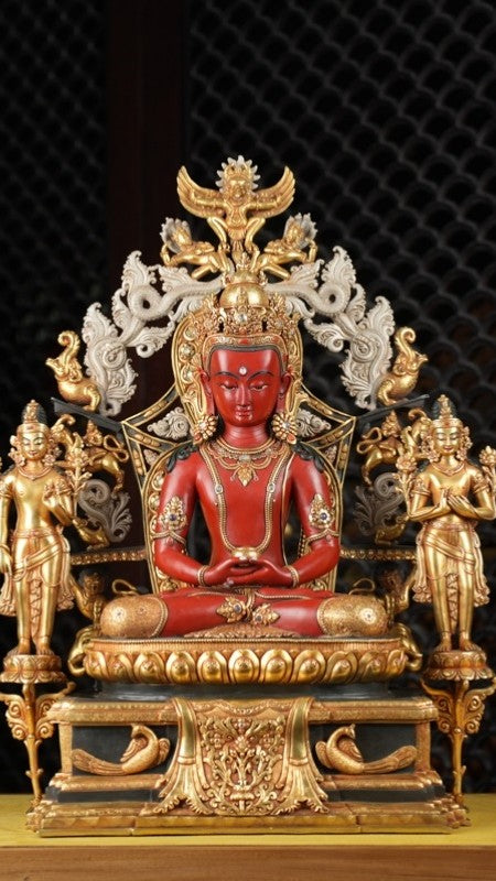 "Handcrafted Tibetan Buddhist Amithaba Trinity Buddha Statue, gilded with mineral paint. Beautifully detailed, three-deity sculpture representing compassion and enlightenment in Tibetan Buddhist culture."