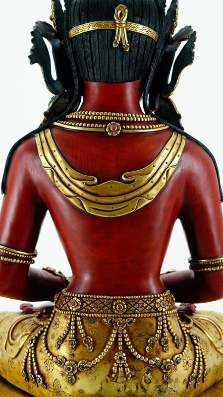  A pure handmade Tibetan Buddhist Amitabha Buddha statue made from copper, featuring detailed hand-painted mineral pigments, embodying the wisdom and compassion of Buddhist teachings.
