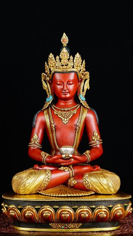 Handcrafted Tibetan Buddhist Amitabha Buddha statue made from copper, with intricate mineral pigment painting, representing traditional Buddhist craftsmanship and spiritual beauty.