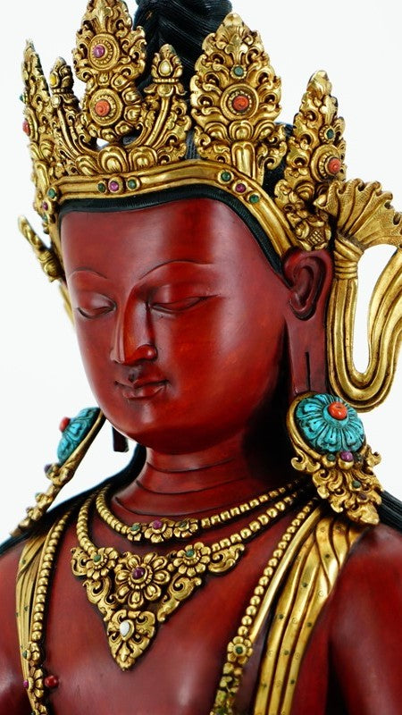  A vibrant, colorful Tibetan Buddhist Amitabha Buddha statue made from Tibetan copper, hand-painted with mineral pigments, offering a stunning representation of Buddhist art and culture.