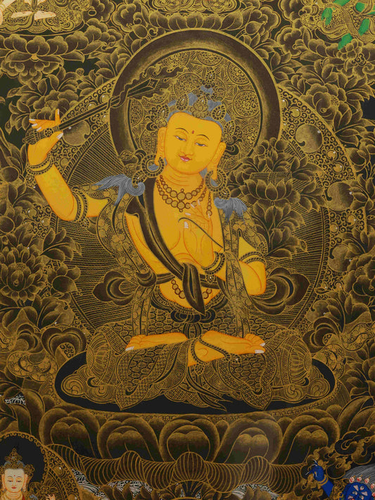 Hand-painted Tibetan Black Vajrasattva Thangka in black-gold tones, symbolizing purification and wisdom.
