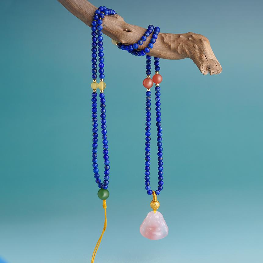 Tibetan Buddhist Lapis Agate Mala Necklace with Amber and 925 Silver Beads – Healing and Protection