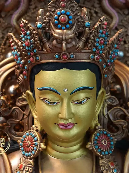 "Antique red brown Tibetan Buddhist Maitreya Buddha statue in gilded copper, symbolizing compassion and wisdom."