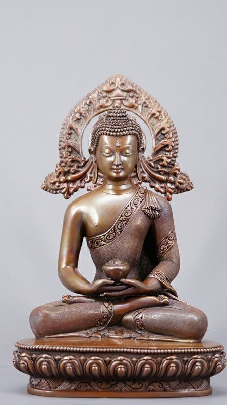 Tibetan Buddhist Amitabha Buddha statue in copper, a beautiful artwork painted with mineral pigments. Perfect for enhancing your spiritual space. 