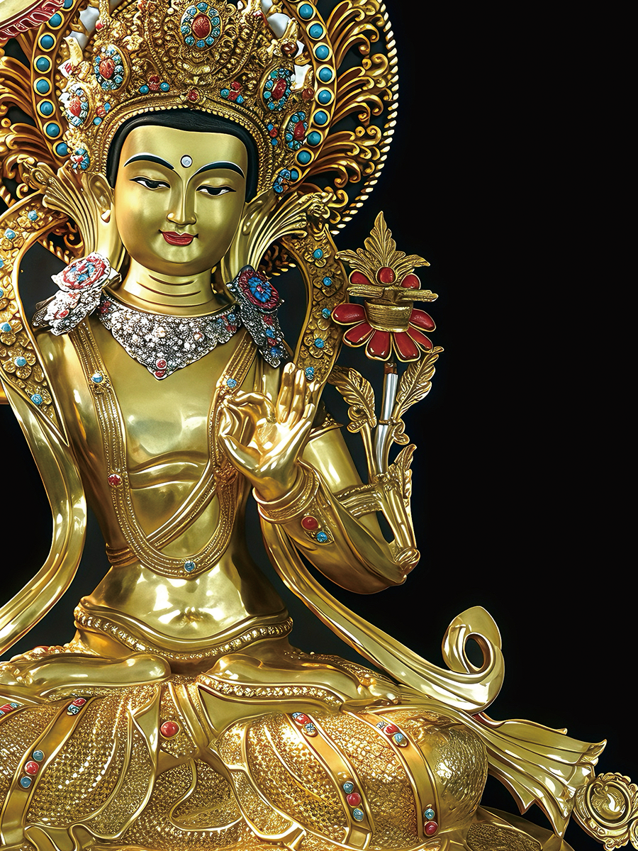 Detailed mineral pigment painting on a handmade purple copper Manjushri, showcasing authentic Tibetan Buddhist statues and intricate Buddha Statue-Art.