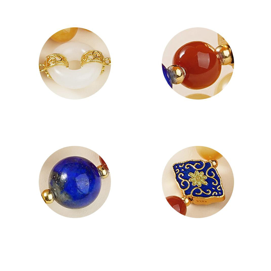 Artisan Tibetan necklace crafted with amber, lapis lazuli, and pearls for spiritual healing and tranquility.