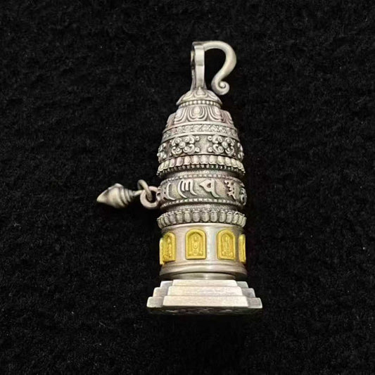 Handmade S925 silver Tibetan Buddhist Om Mani Padme Hum prayer wheel pendant