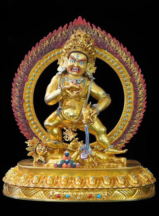 A Tibetan Buddhist Black Jambhala handmade copper sculpture with mineral pigment painting, showcasing traditional Buddhist statue culture.