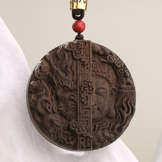 Artisanal Tibetan Buddhist agarwood sandalwood necklace featuring vermilion bead and adjustable cord.

