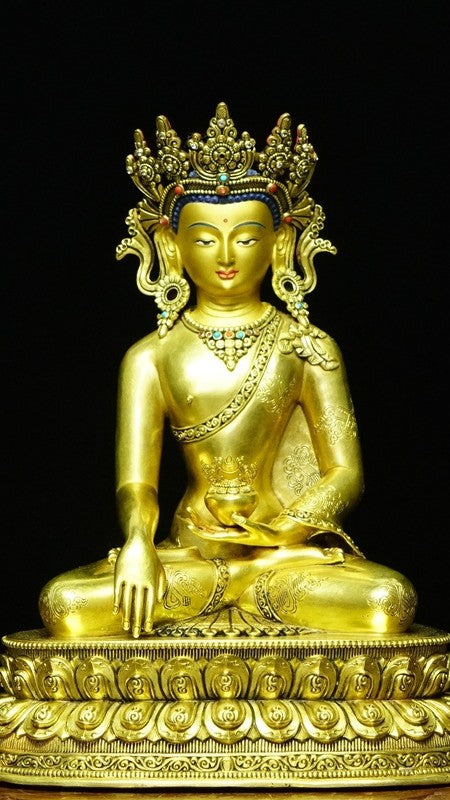 Hand-painted mineral pigment Shakyamuni Buddha with gilded crown, Tibetan Buddhist statues fine artwork for shrine or home decor.”