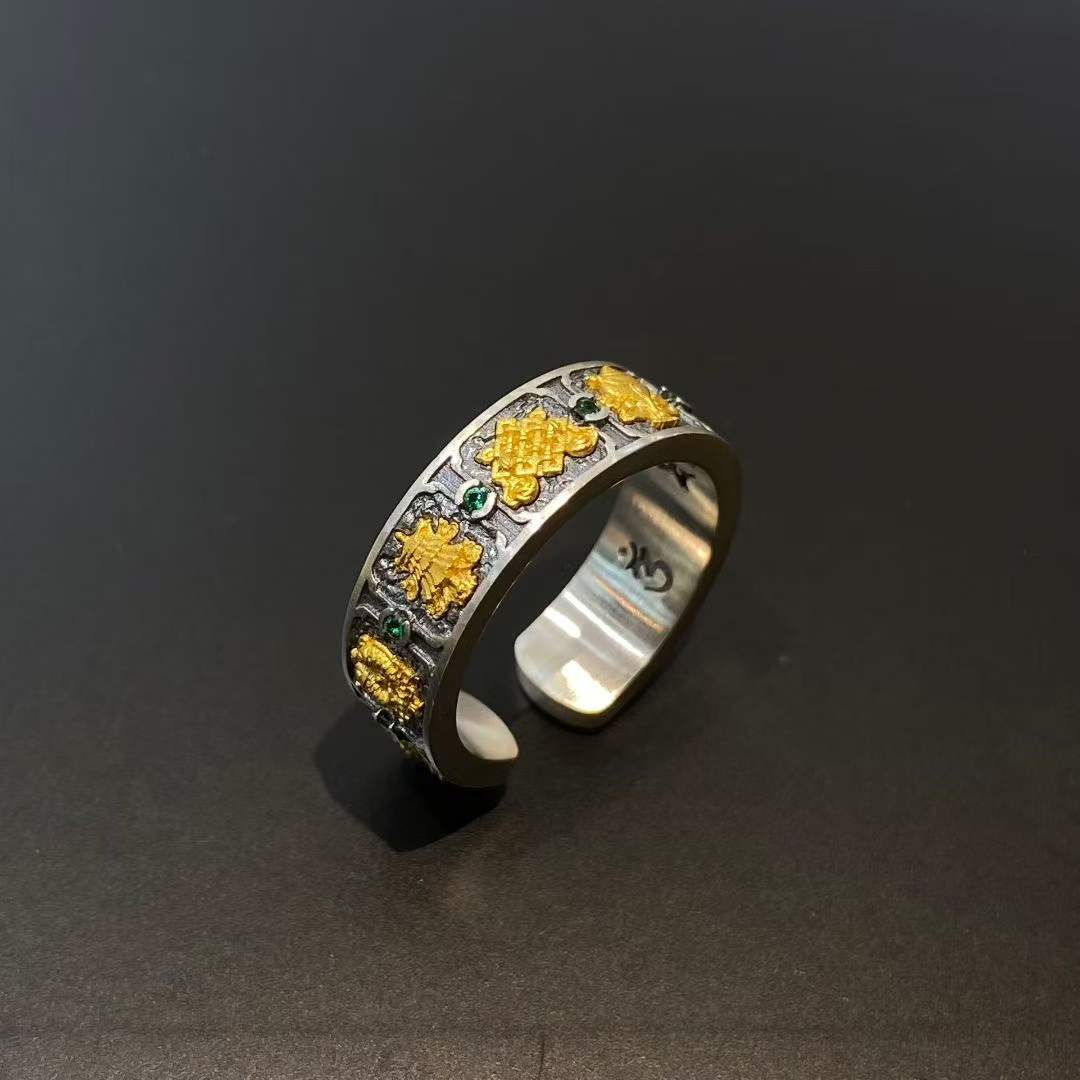 Tibetan Buddhist Auspicious Eight Symbols Ring meticulously crafted from 925 Sterling Silver.