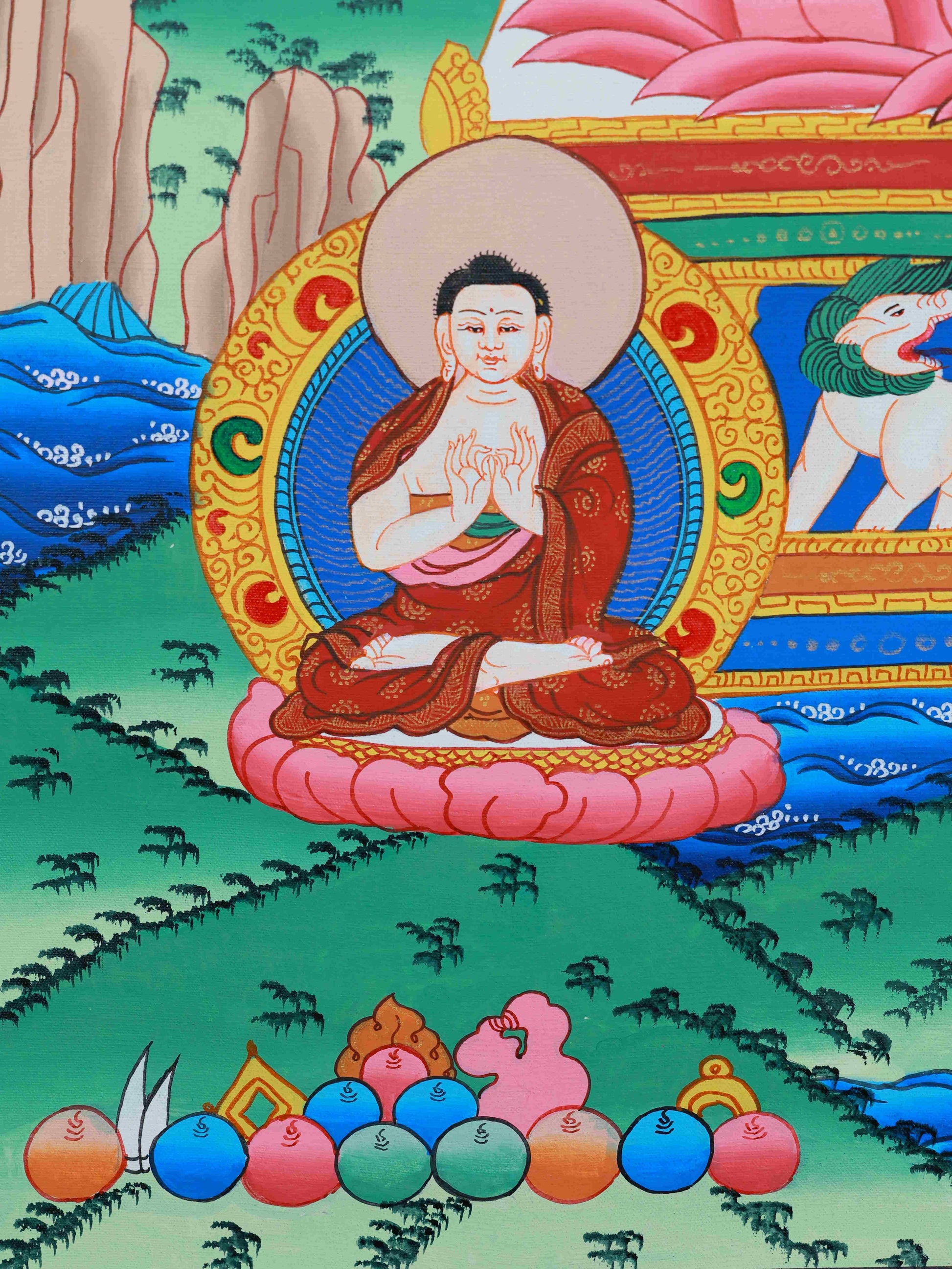 Tibetan Buddhist thangka painting of Medicine Buddha on canvas, hand-painted with natural mineral colors.
