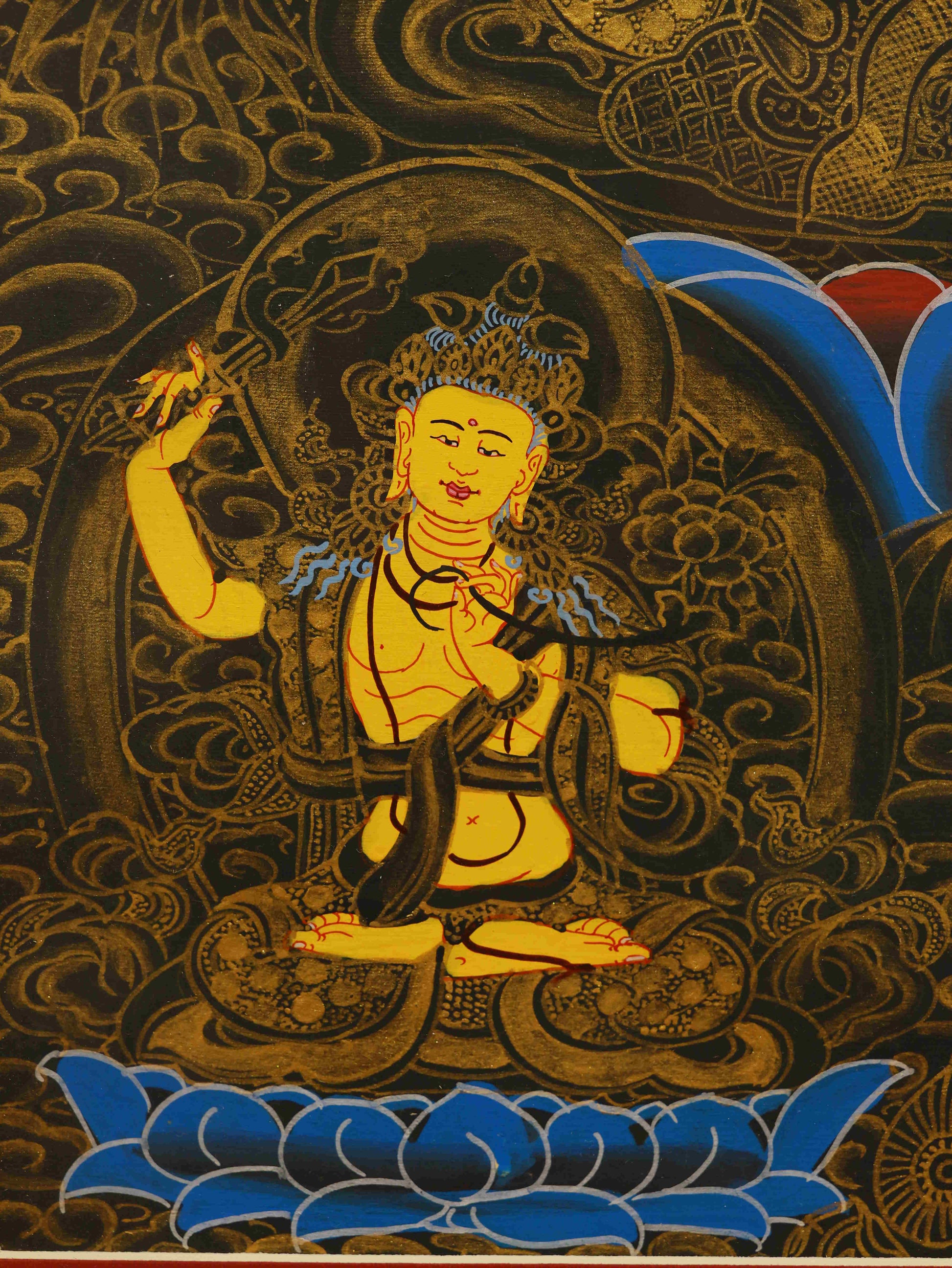 Tibetan Thangka painting of Four-Armed Avalokiteshvara with Chinese zodiac symbols for balance and protection.