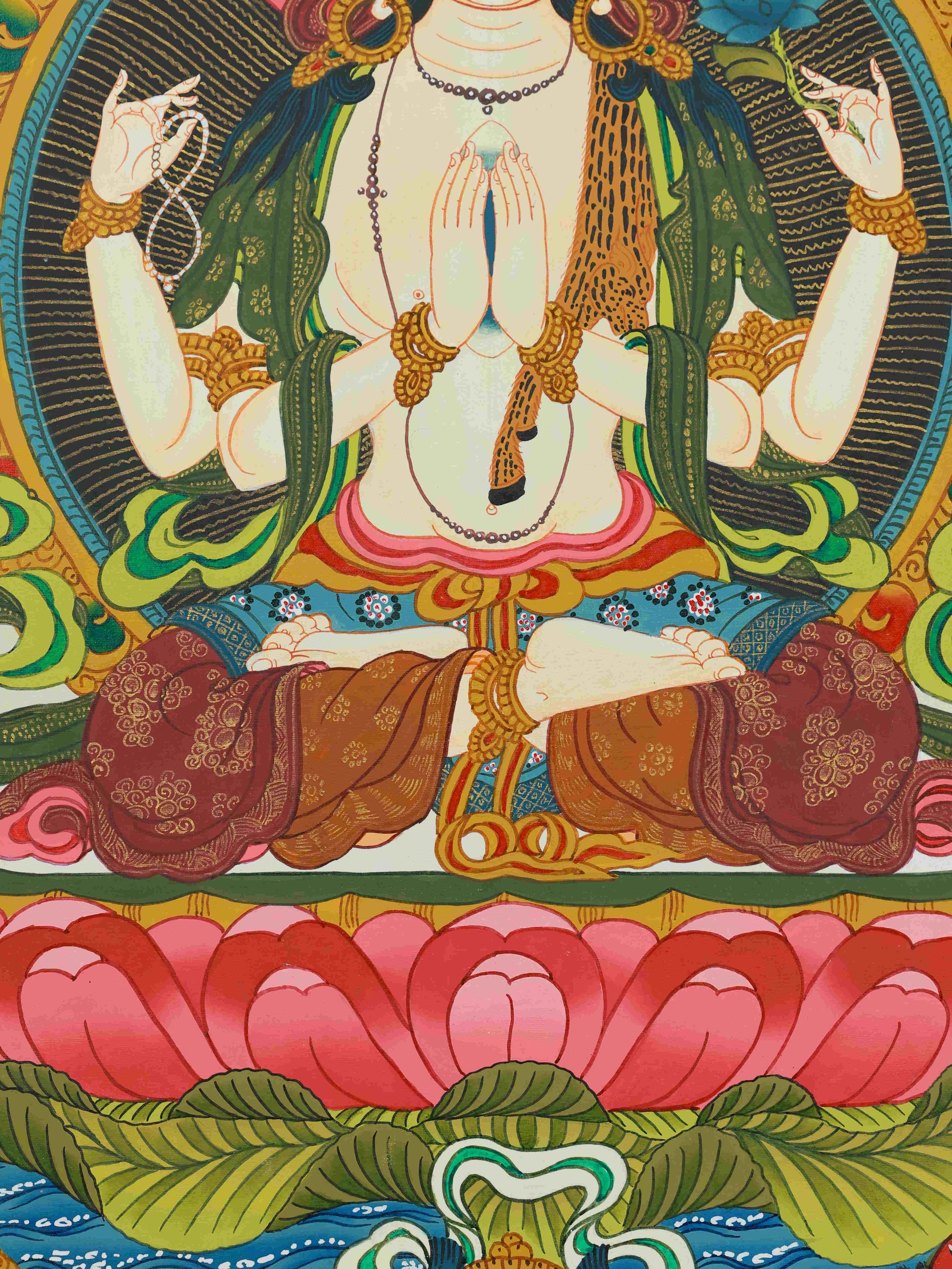 Hand-painted Tibetan Buddhist Four-Armed Avalokiteshvara Thangka with mineral pigments, a sacred Tibetan Buddha art symbolizing compassion.
