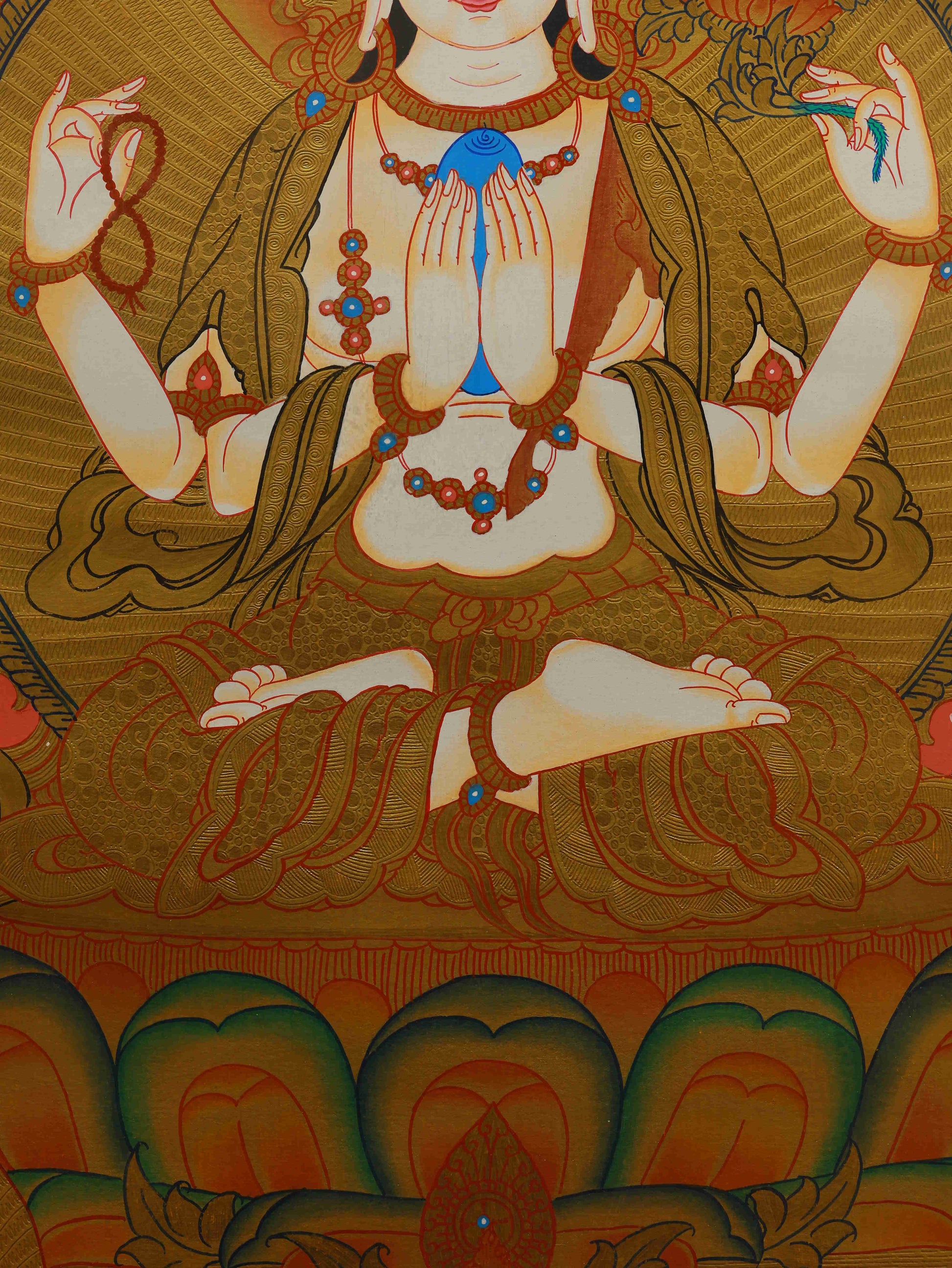 Tibetan Thangka of Chenrezig, representing compassion and enlightenment, with golden highlights.