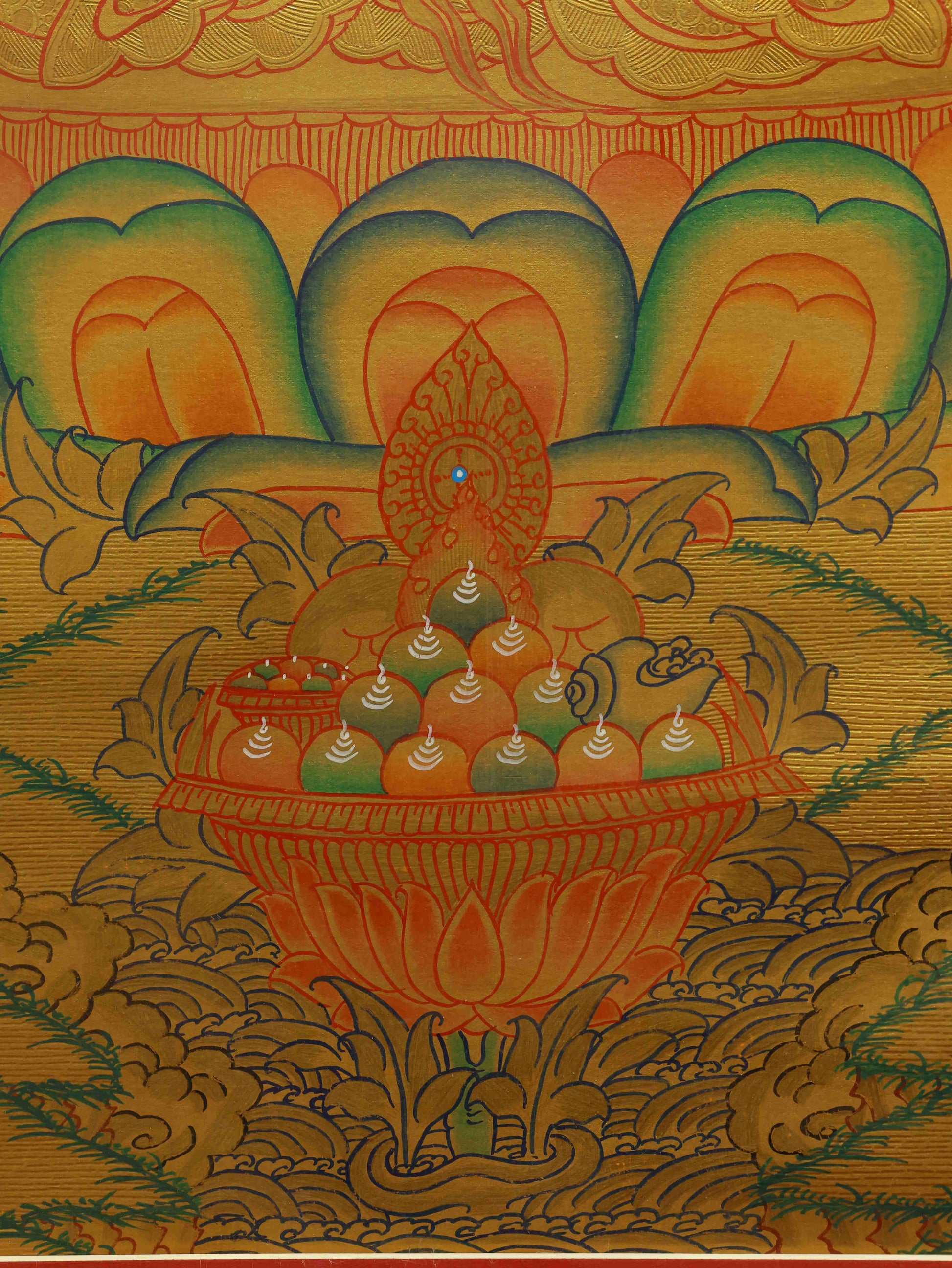 Gold-foil Tibetan Thangka painting of Avalokiteshvara featuring twelve zodiac symbols for harmony and karma.