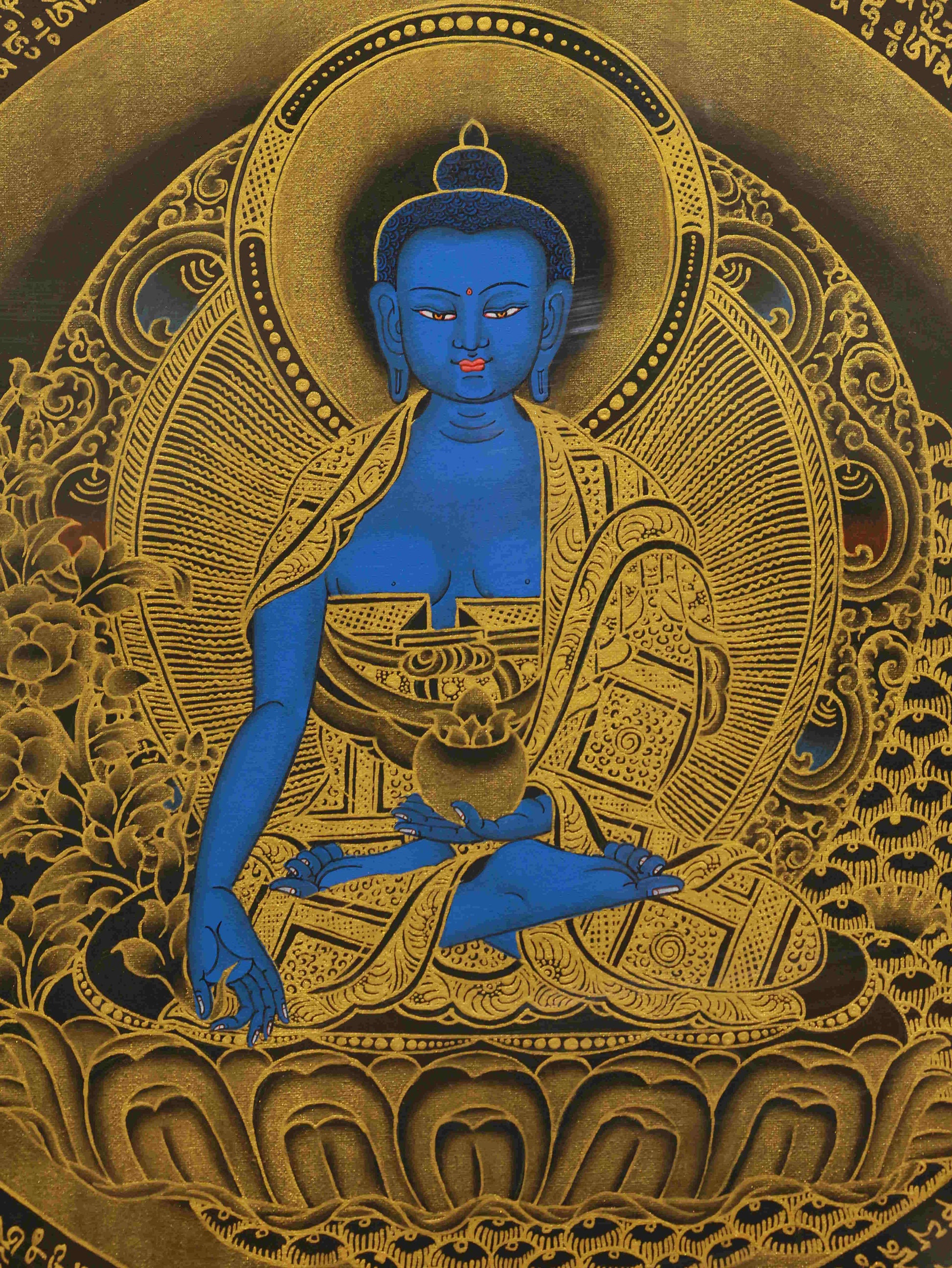 Handmade Medicine Buddha Thangka on sacred canvas using natural mineral pigments.