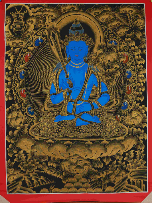 Hand-painted Tibetan Buddhist Black and Gold Akasagarbha Bodhisattva Thangka Painting – traditional Tibetan thangka art on canvas.