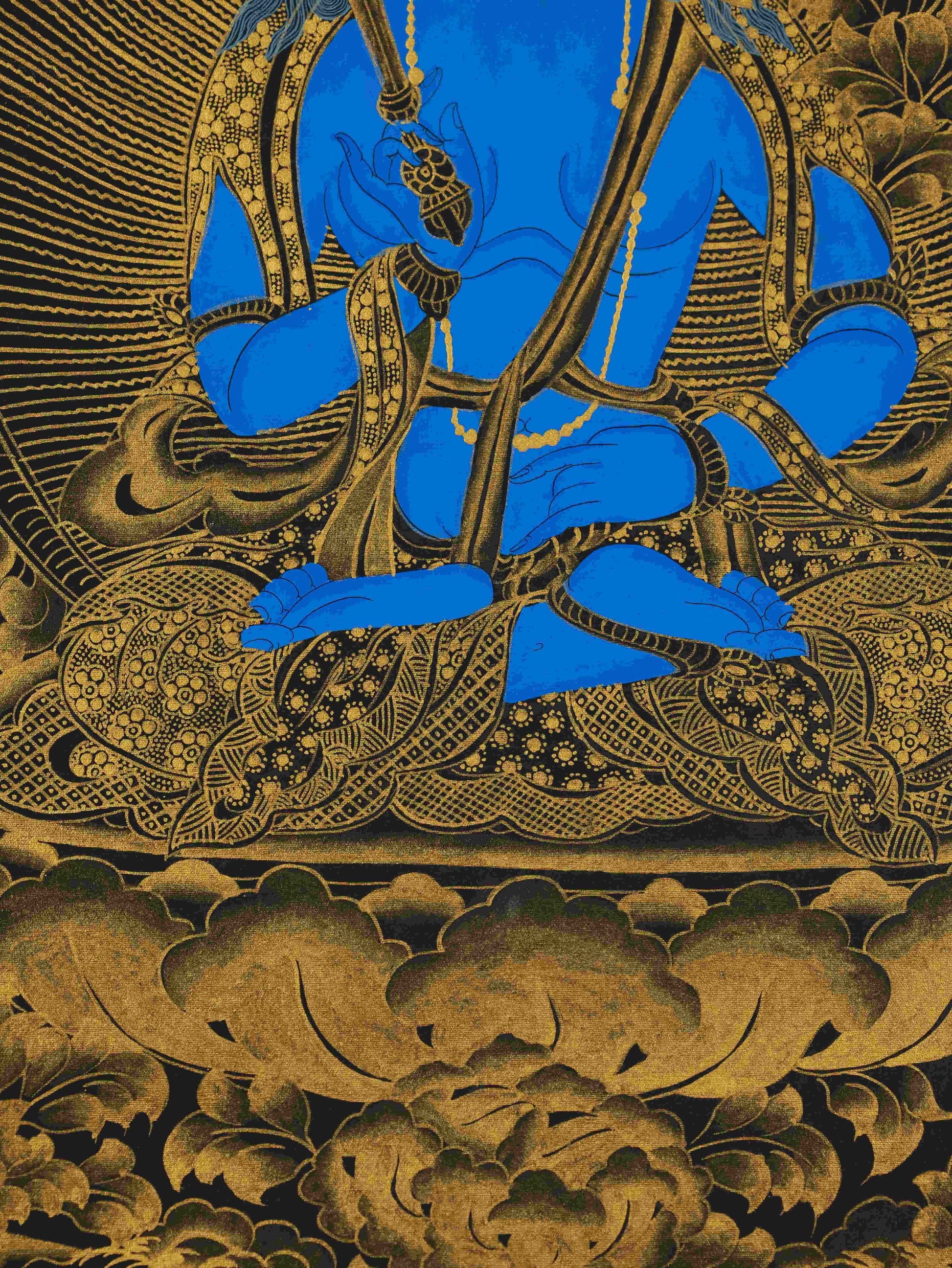 Hand-painted Tibetan Thangka of Akasagarbha Bodhisattva – black and gold sacred art for meditation.
