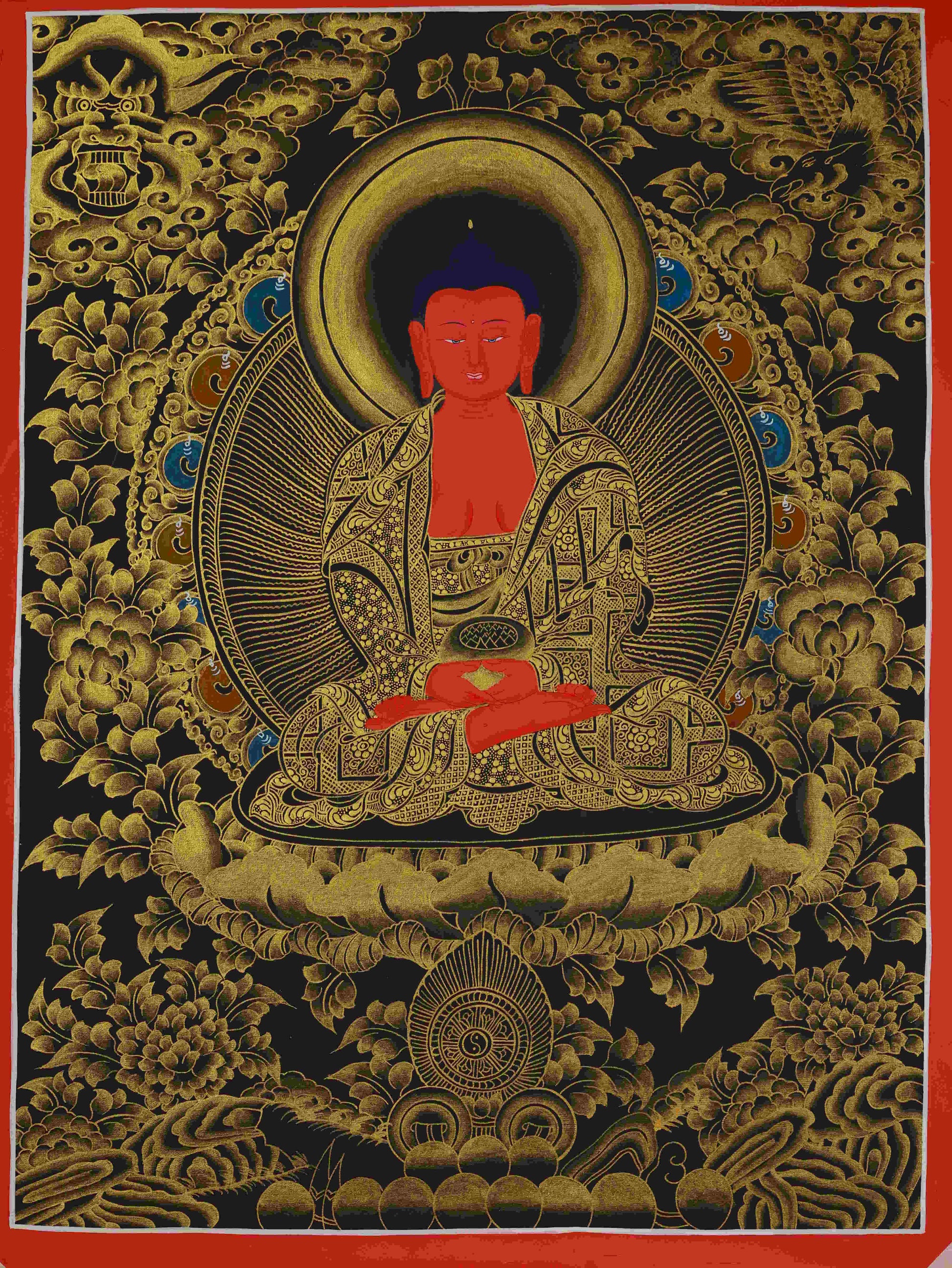 Hand-painted Tibetan Buddhist Black and Gold Amitabha Buddha Thangka Painting – traditional Tibetan thangka art on canvas.