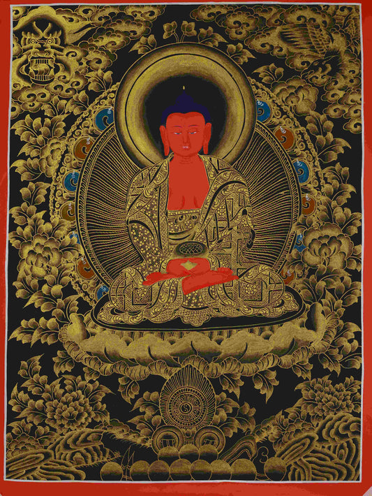 Hand-painted Tibetan Buddhist Black and Gold Amitabha Buddha Thangka Painting – traditional Tibetan thangka art on canvas.