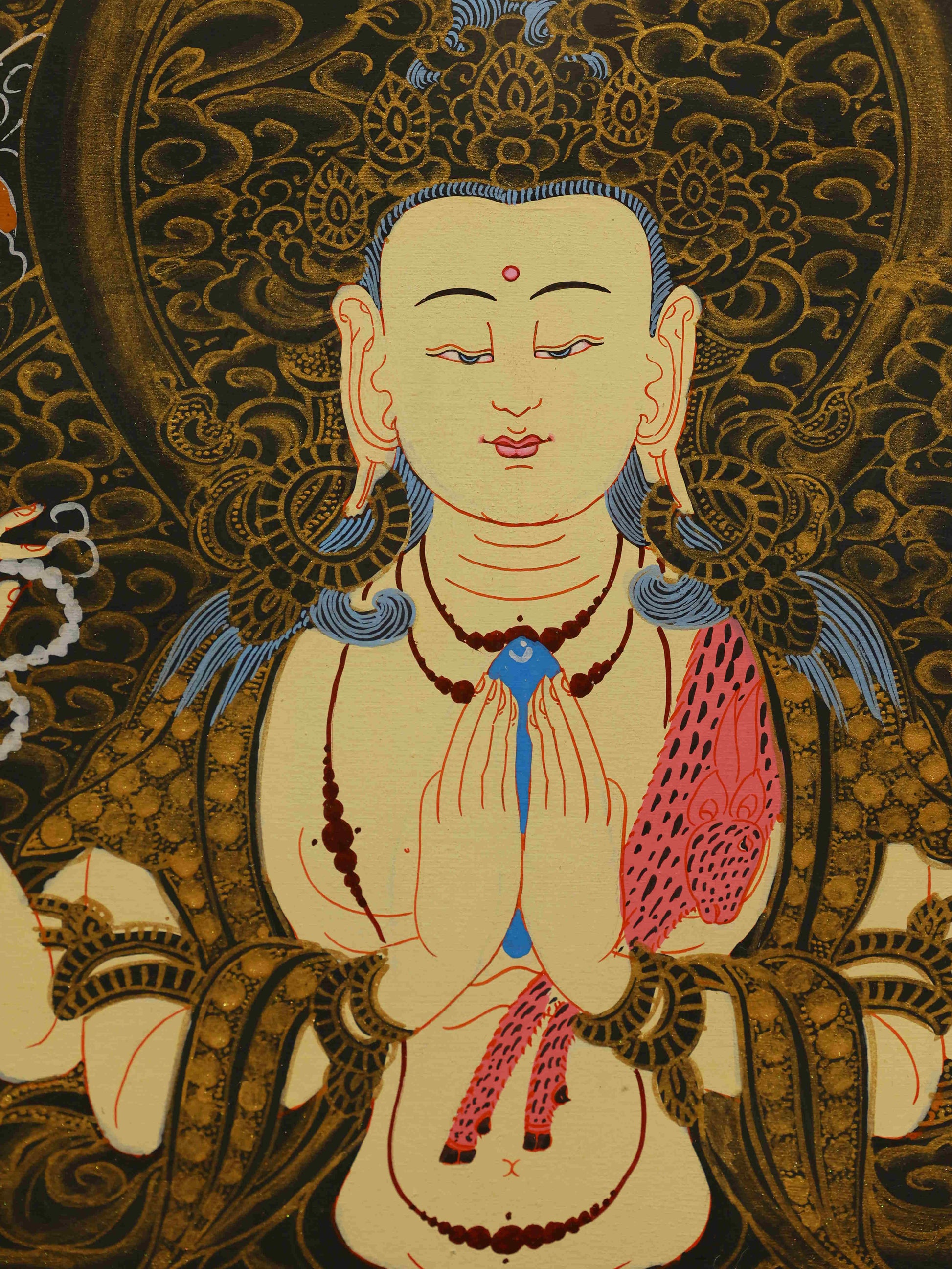 Traditional Tibetan Buddhist Thangka of Chenrezig, handmade with mineral pigments on canvas.