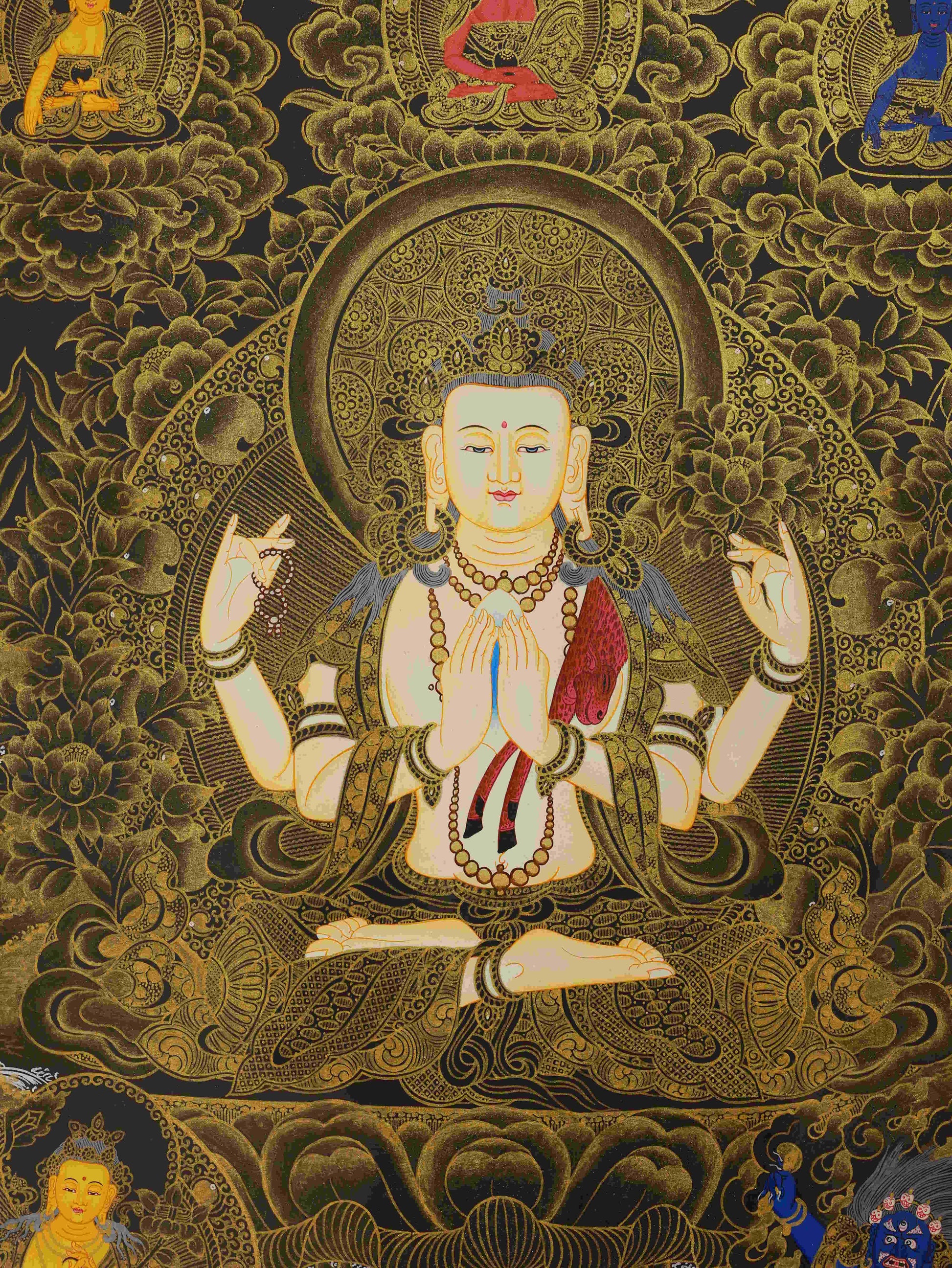 Tibetan Buddha art black gold Four-Arm Chenrezig Thangka, handmade and detailed with traditional Buddhist craftsmanship.