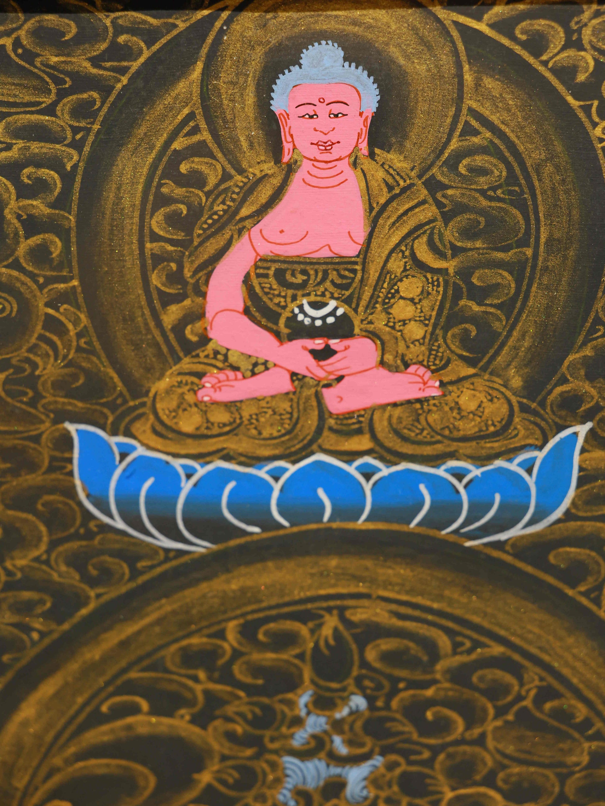 Black-Gold Avalokiteshvara Bodhisattva Thangka painting, sacred hand-painted Tibetan art.