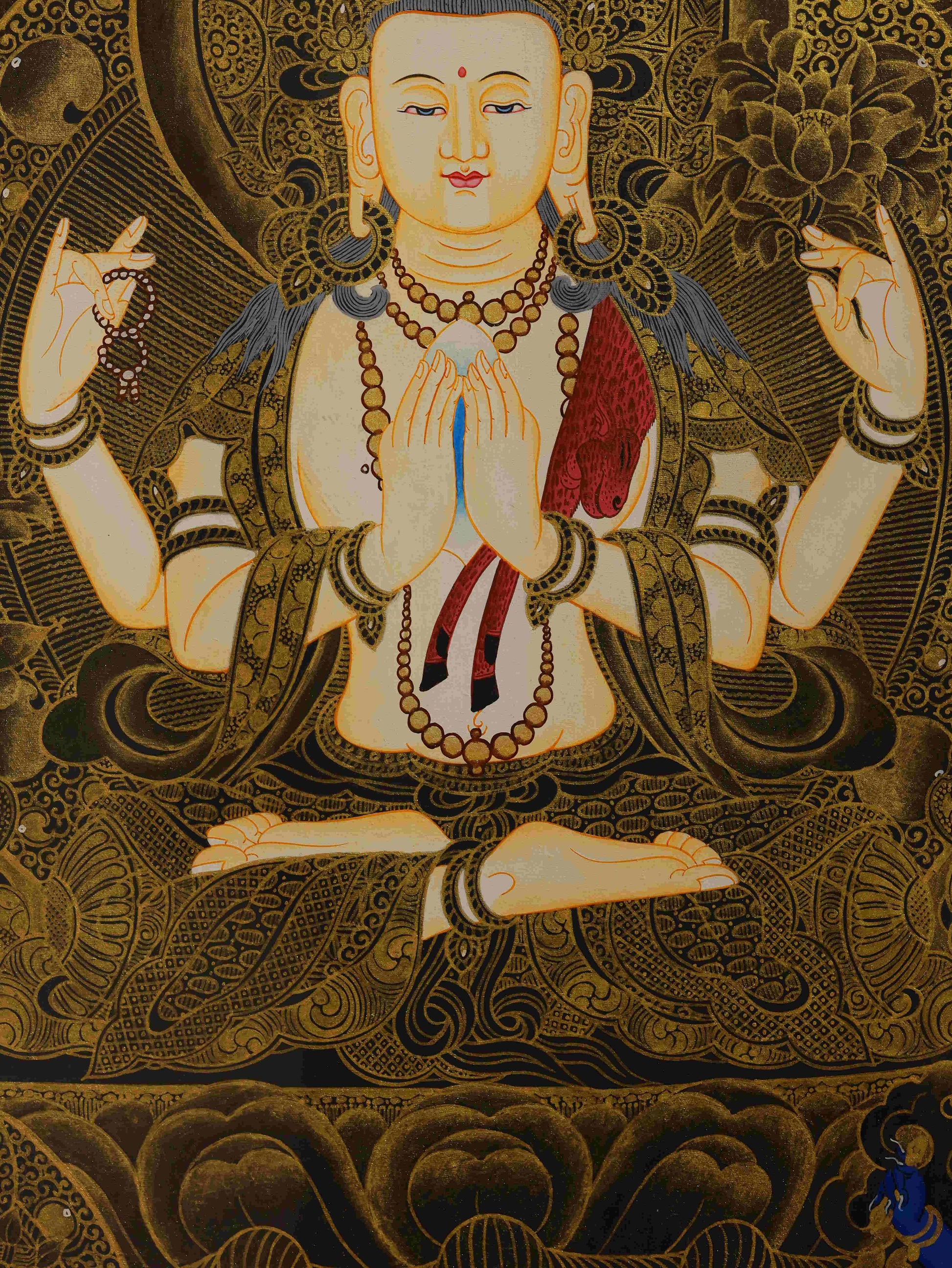 Exquisite black gold Avalokiteshvara Thangka, a Tibetan Buddha art masterpiece painted with mineral colors and sacred precision.