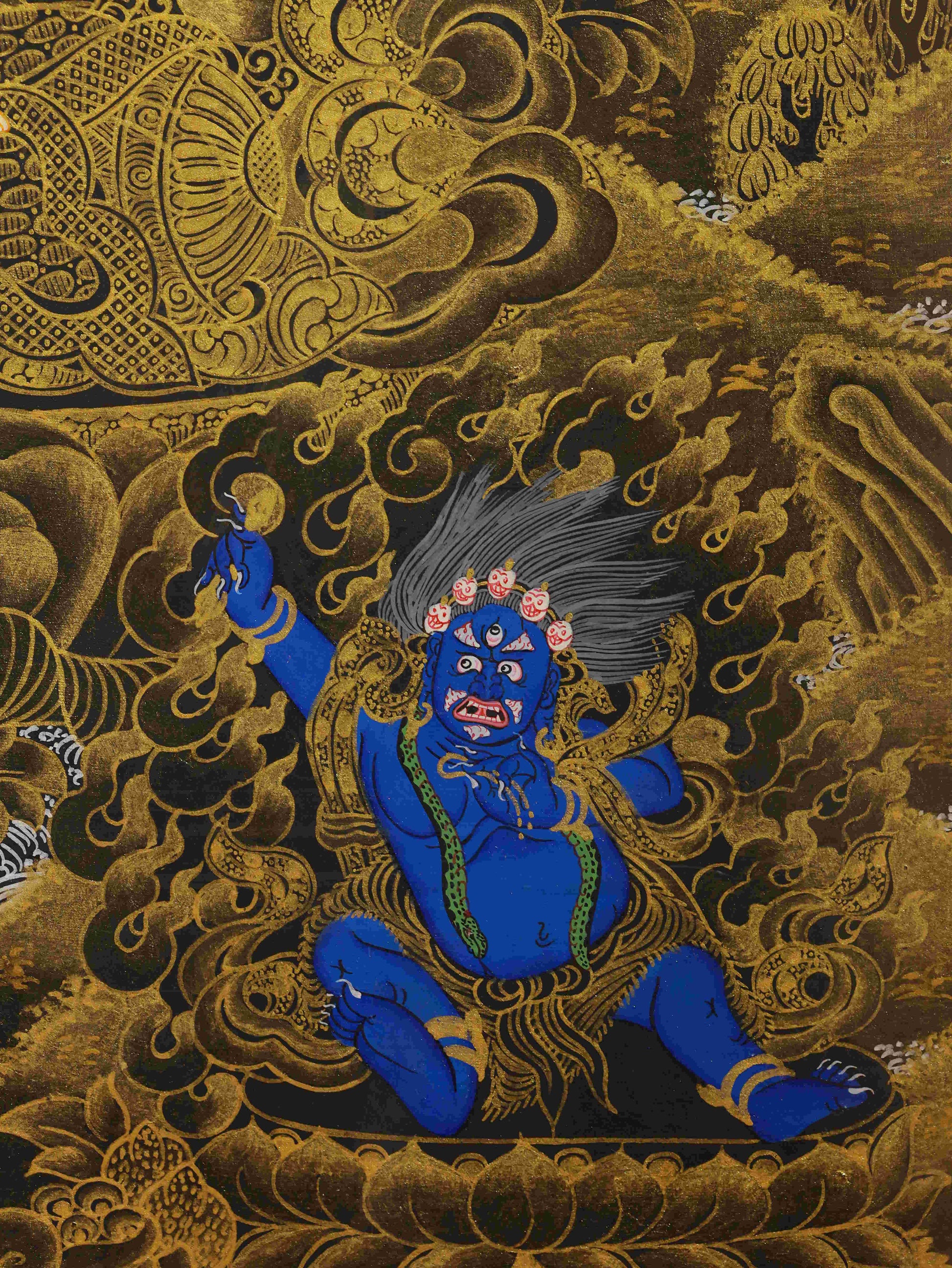 Black gold Four-Armed Compassion Buddha Thangka, traditional Tibetan art symbolizing infinite compassion and enlightenment.