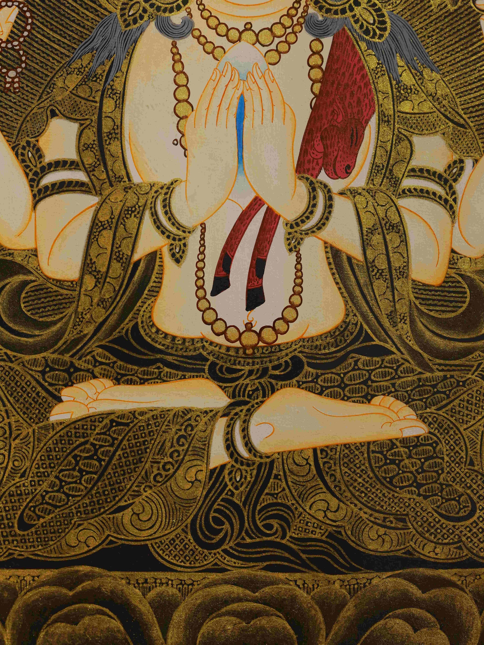 Handcrafted black gold Four-Armed Avalokiteshvara Thangka, Tibetan Buddha art created with natural pigments and spiritual devotion.