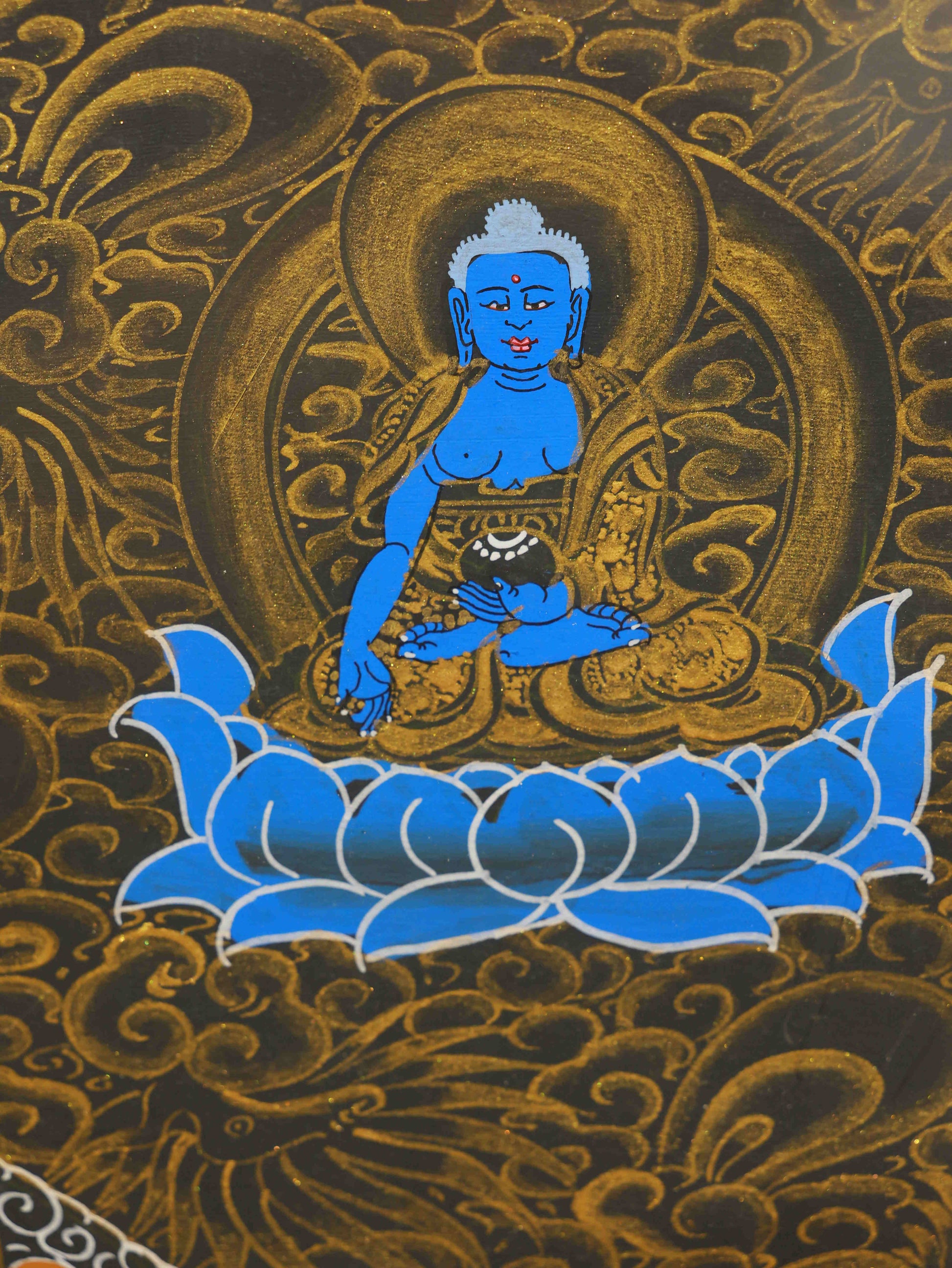 Purely handcrafted Tibetan Thangka of Four-Armed Avalokiteshvara, representing infinite compassion and harmony.