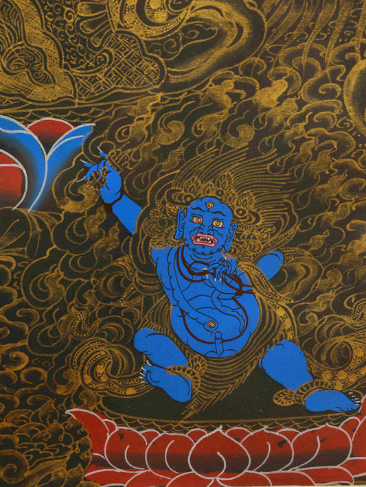 Tibetan Buddhist Thangka painting of Four-Armed Chenrezig, handmade with mineral pigments on thangka canvas.