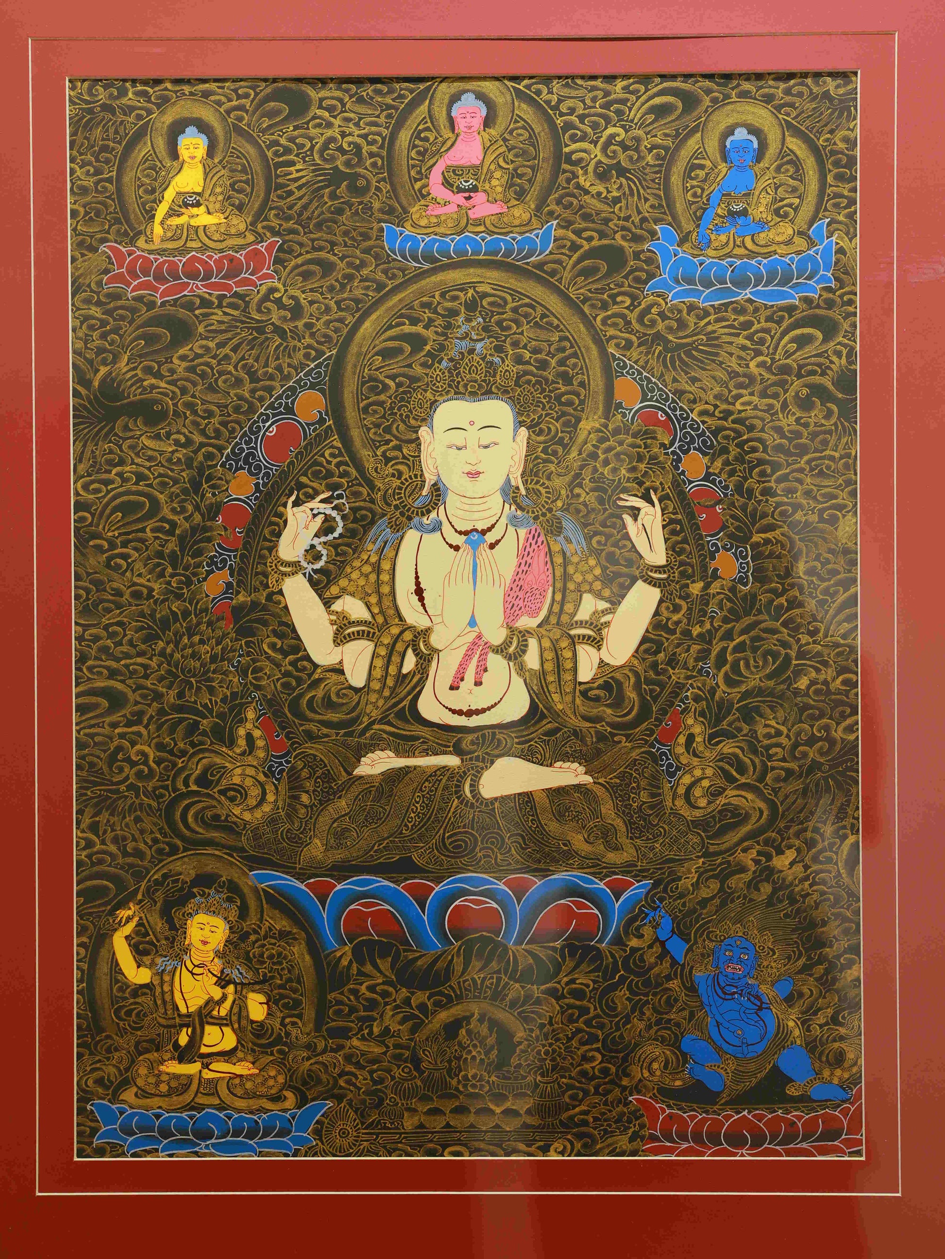 Hand-painted Tibetan Thangka of Black-Gold Four-Armed Avalokiteshvara, symbolizing compassion and wisdom.