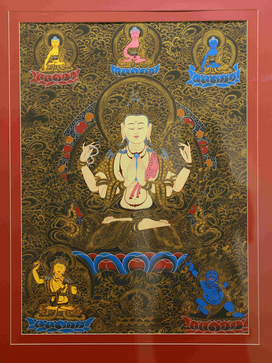 Hand-painted Tibetan Thangka of Black-Gold Four-Armed Avalokiteshvara, symbolizing compassion and wisdom.