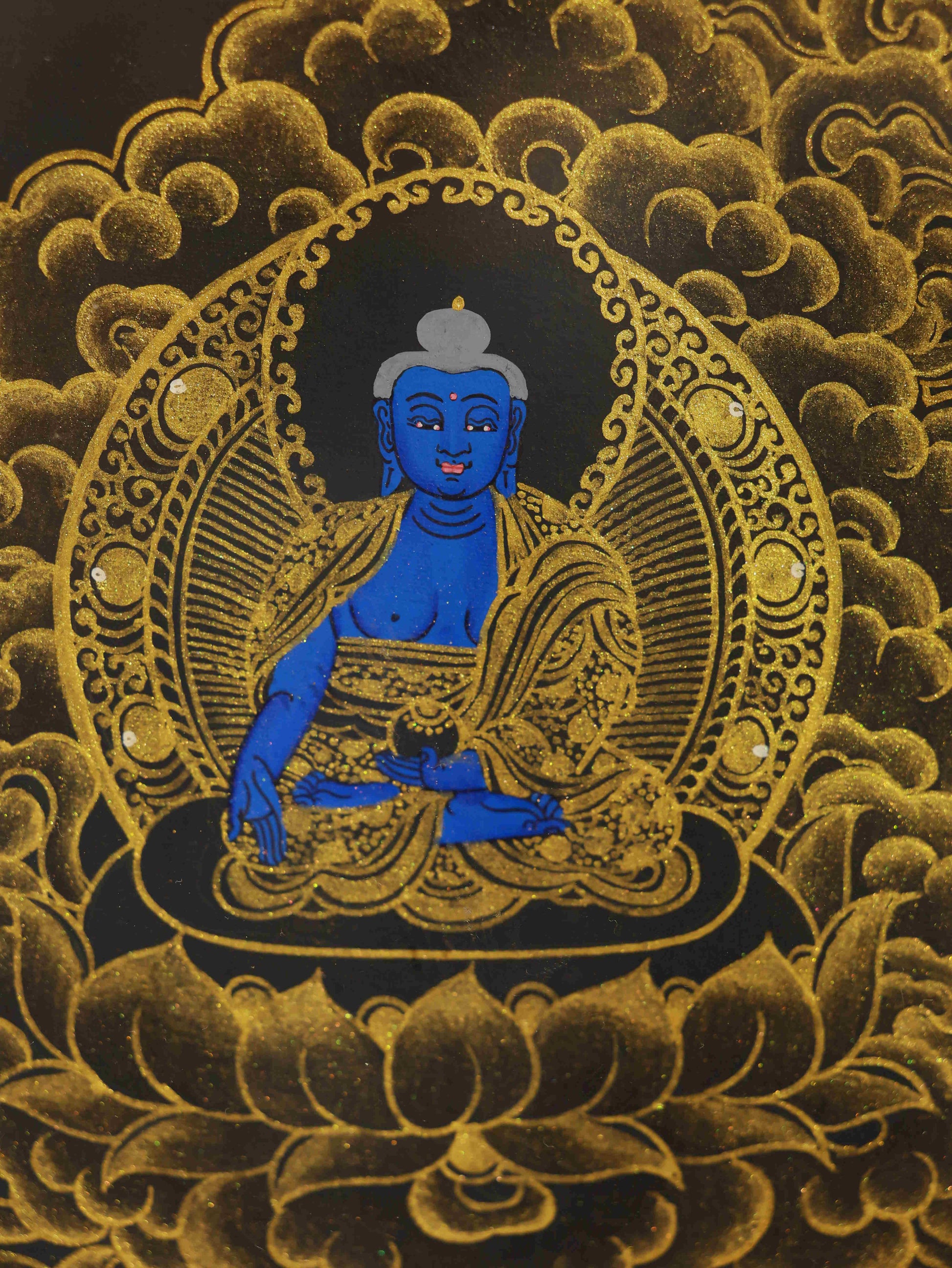 Black gold Bodhisattva Thangka in Tibetan Buddha art style, handcrafted with mineral pigments and detailed handwork.