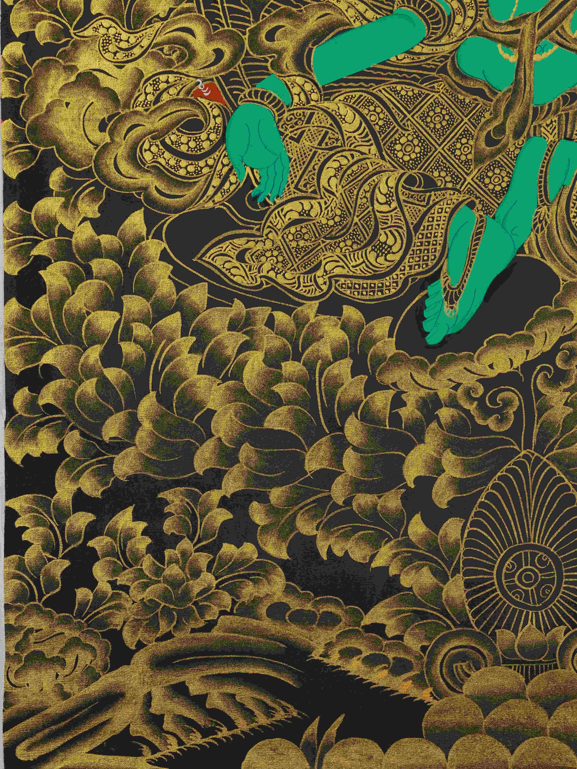 Hand-painted Black and Gold Green Tara Tibetan Thangka – authentic Buddhist art crafted by Tibetan artisans.