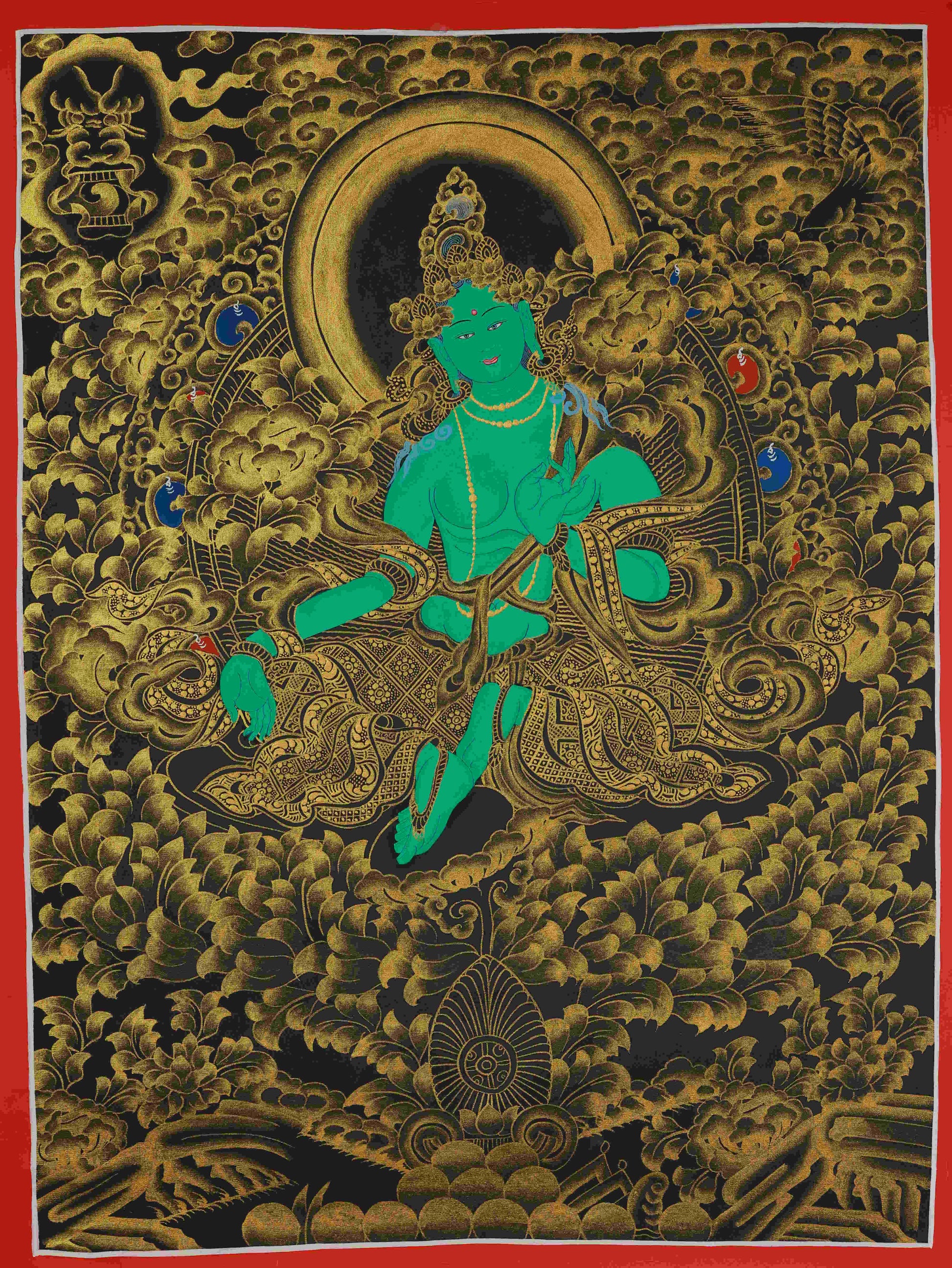 Hand-painted Tibetan Buddhist Black and Gold Green Tara Thangka Painting – traditional Tibetan thangka art on canvas.