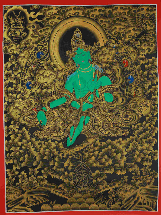 Hand-painted Tibetan Buddhist Black and Gold Green Tara Thangka Painting – traditional Tibetan thangka art on canvas.