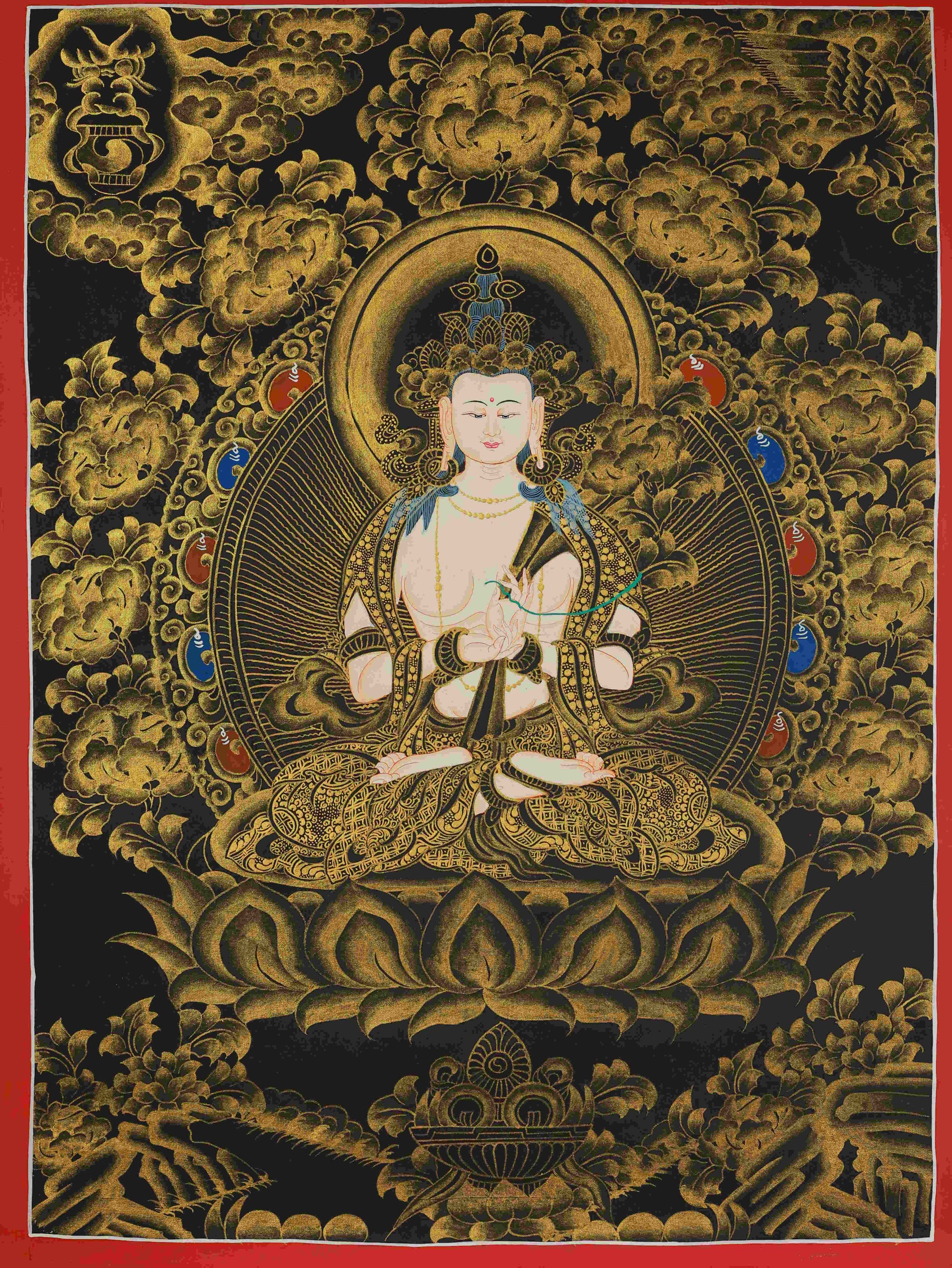 Hand-painted Tibetan Buddhist Black and Gold Samantabhadra Bodhisattva Thangka Painting – traditional Tibetan thangka art on canvas.