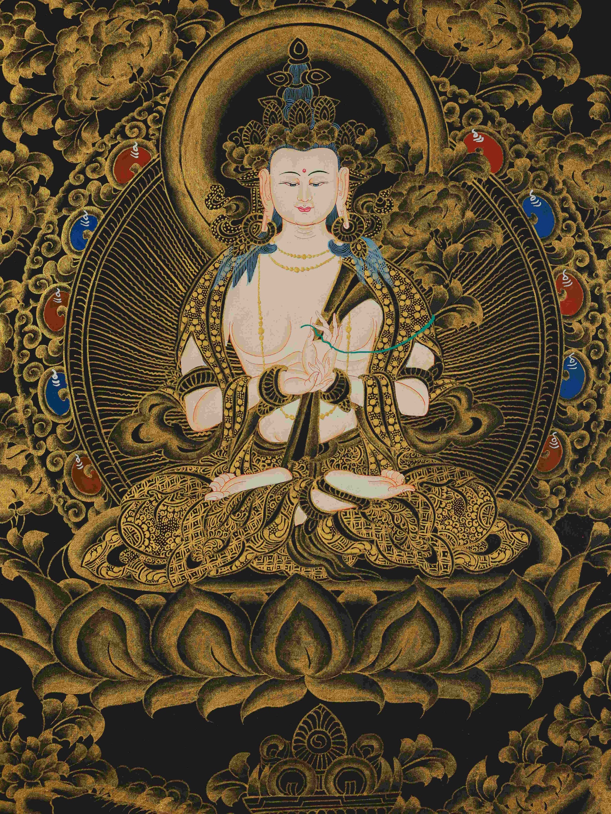 Black and Gold Tibetan Thangka Painting of Samantabhadra Bodhisattva – hand-painted Buddhist art for meditation and devotion.
