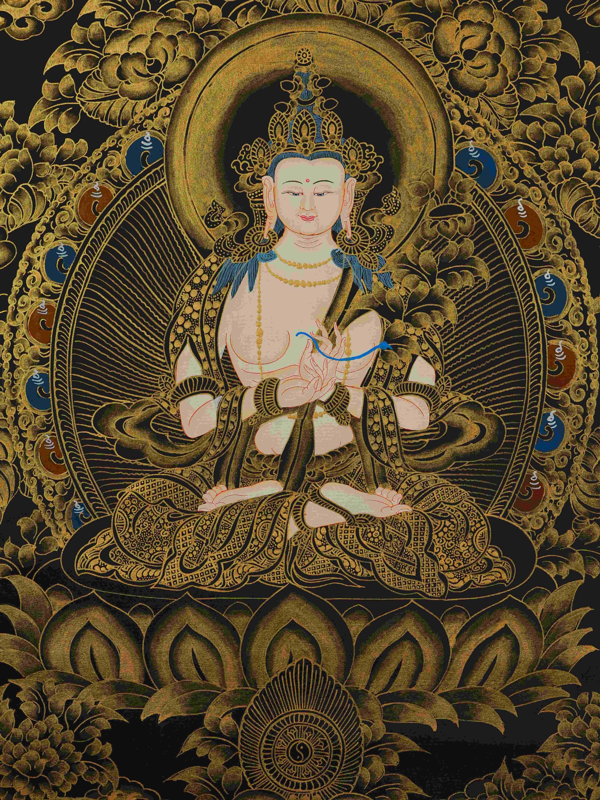 Black and Gold Samantabhadra Tibetan Thangka Artwork – authentic hand-painted Buddhist thangka painting.